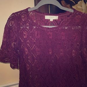 LOFT Wine Lace Top with Bell Sleeves